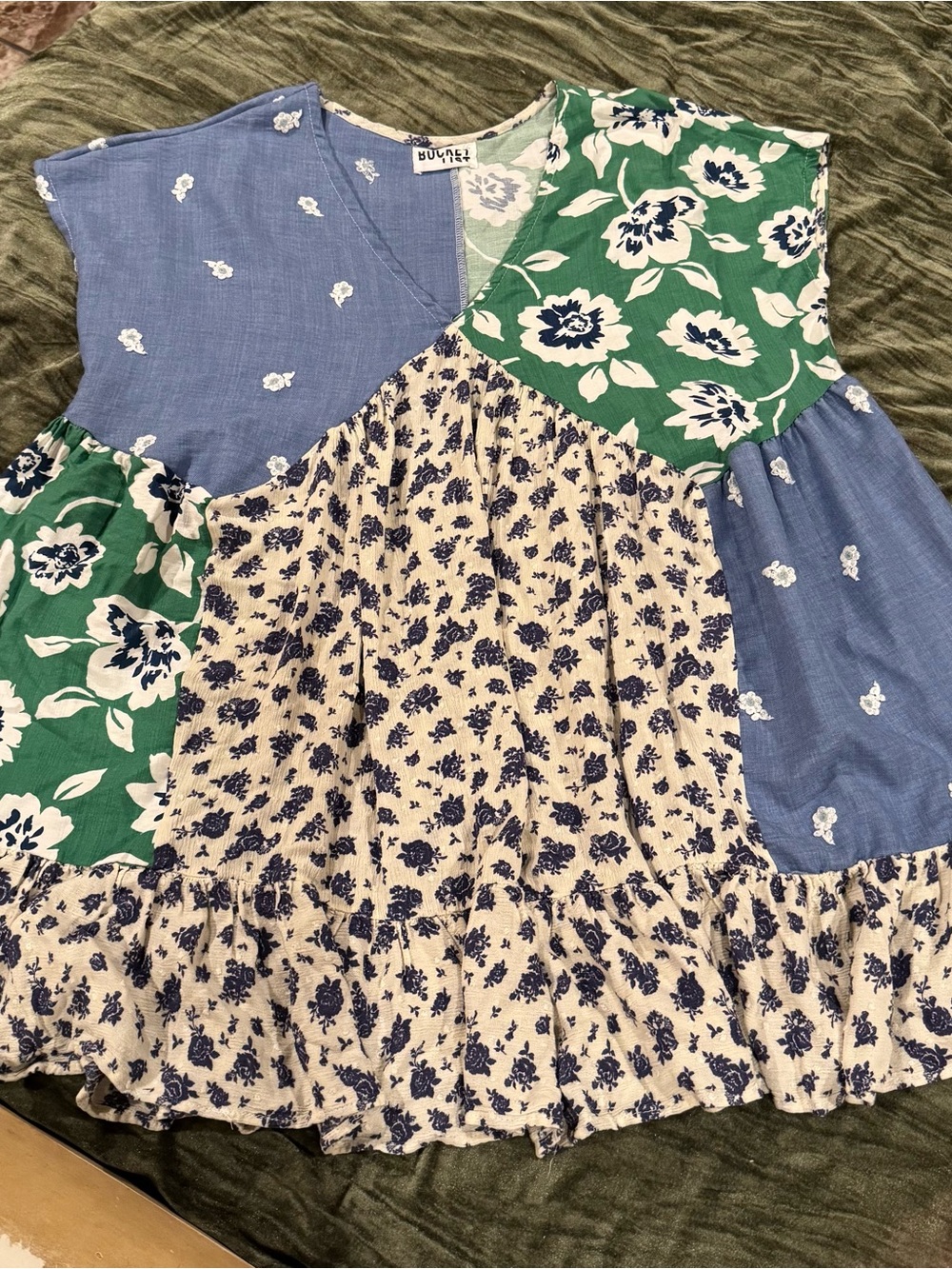 BUCKETLIST Patchwork Floral & Chambray Girls Top - Green, Blue, Cream